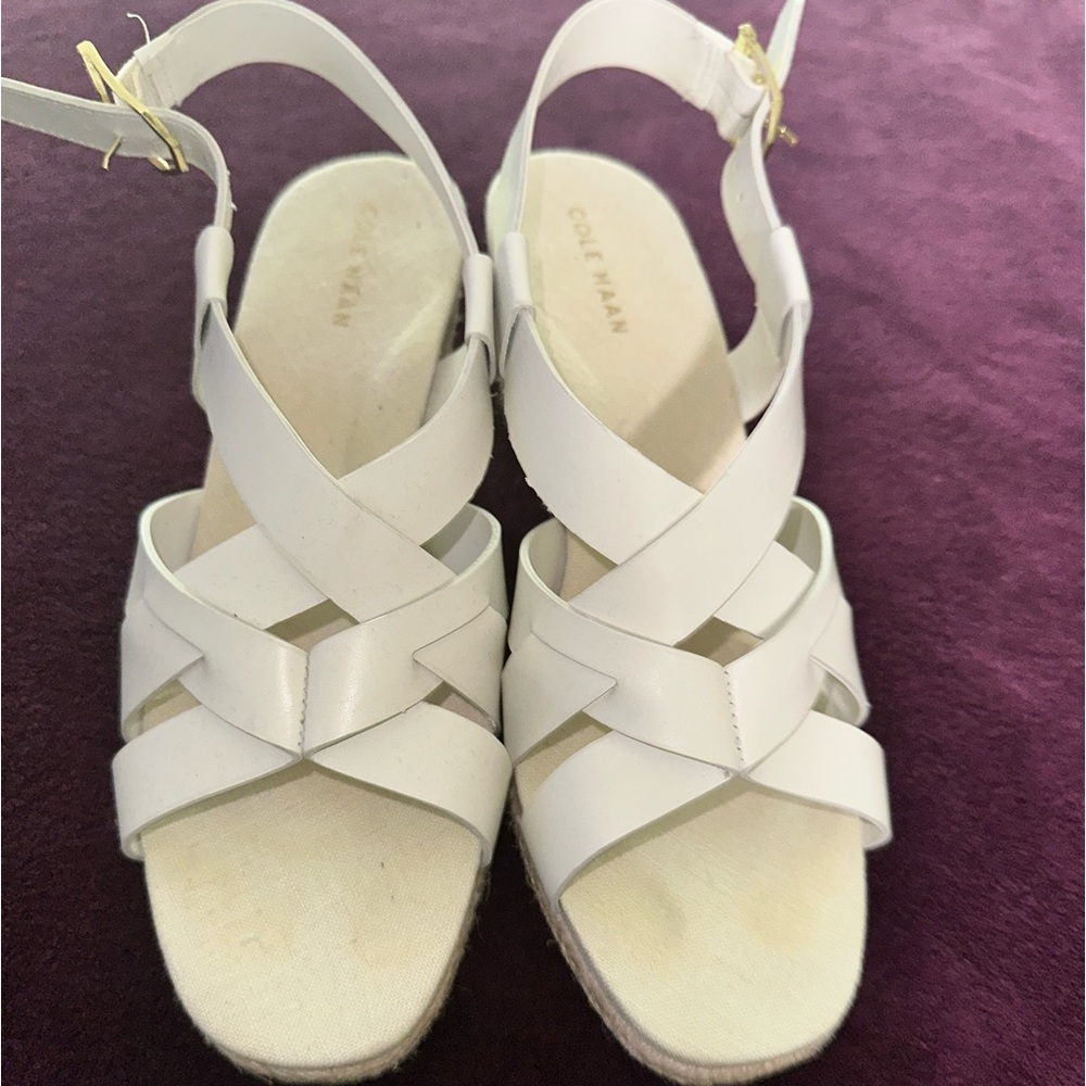 Cole Haan White Strappy Espadrille Wedge Sandals